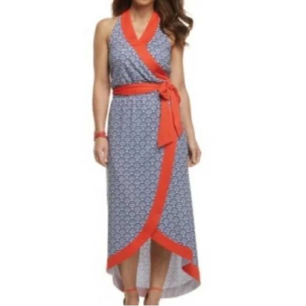 Mud Pie McCay Wrap Dress Navy White Orange Halter High Low Maxi Small 812010N-S